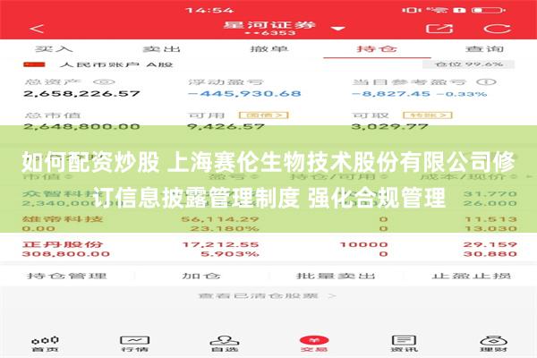 如何配资炒股 上海赛伦生物技术股份有限公司修订信息披露管理制度 强化合规管理